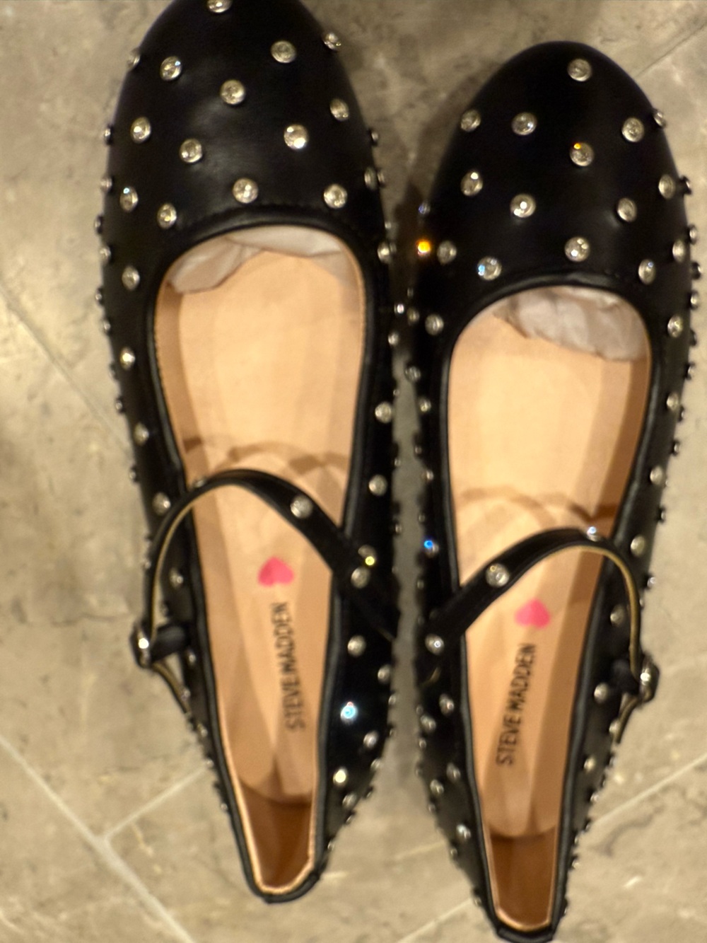 Steve Madden Black Studded Mary Jane Flats with Rhinestone Trim